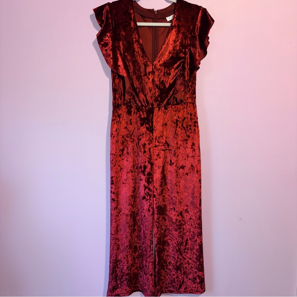K/Lab Crushed Red Velvet Wide Leg Jumpsuit Women M Ruffle Romantic Whimsigoth